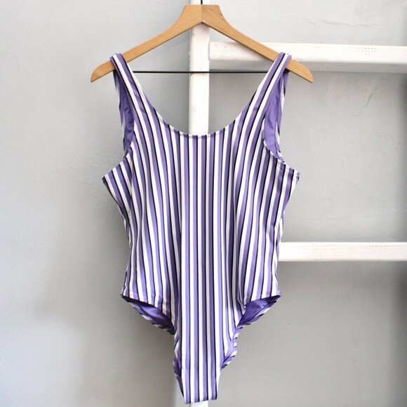 Weekday Purple White Emerald Vertical Stripe One Piece Swimsuit Size Large - Picture 1 of 5